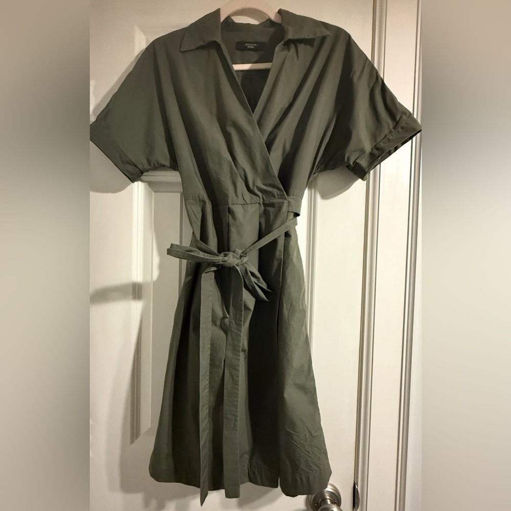 Maxmara, 100% cotton shirt dress, short sleeve, belt, pockets, knee, s, olive